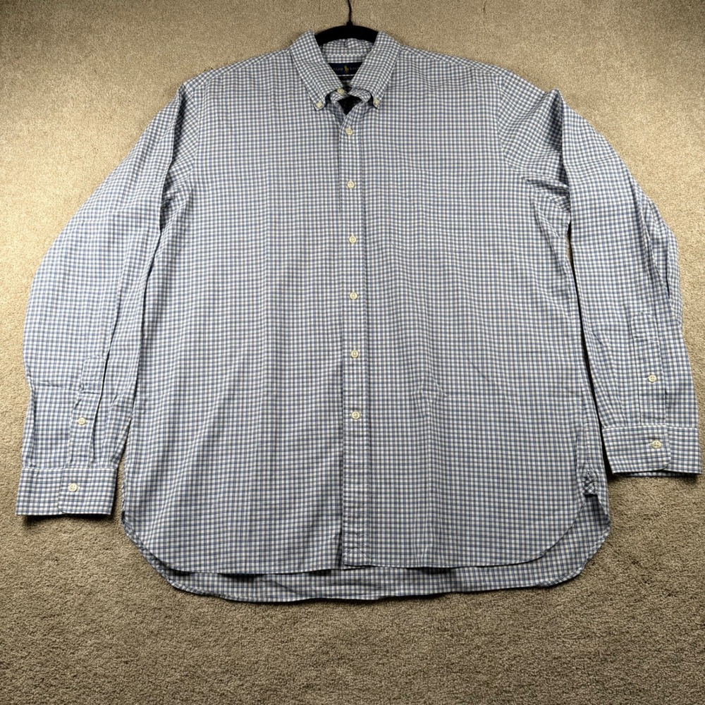Ralph Lauren Mens XL Blue White Check 120s 2-Ply Cotton Button Down Shirt